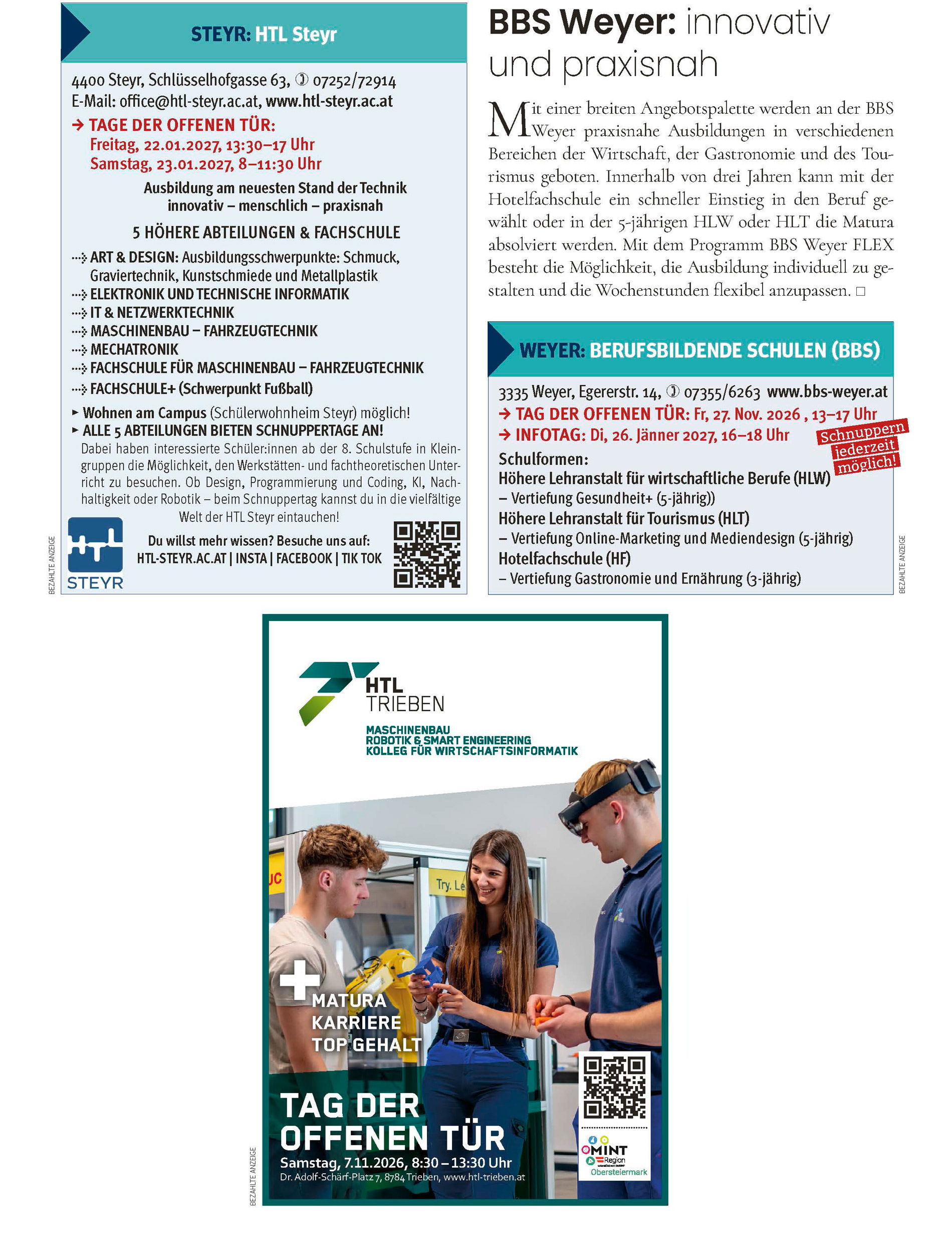 Schulen und ihr Angebot im Bezirk Liezen und darüber hinaus.