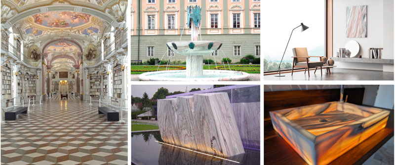 Die Anwendungsmöglichkeiten für Sölker Marmor sind vielfältig. Prominente Orte für seine Verwendung sind das  Stift Admont oder die Stadt Klagenfurt, in der der Kiki Kolgelnik Brunnen seit 1997 das Stadtbild ziert. (Fotos: Sölker Marmor)